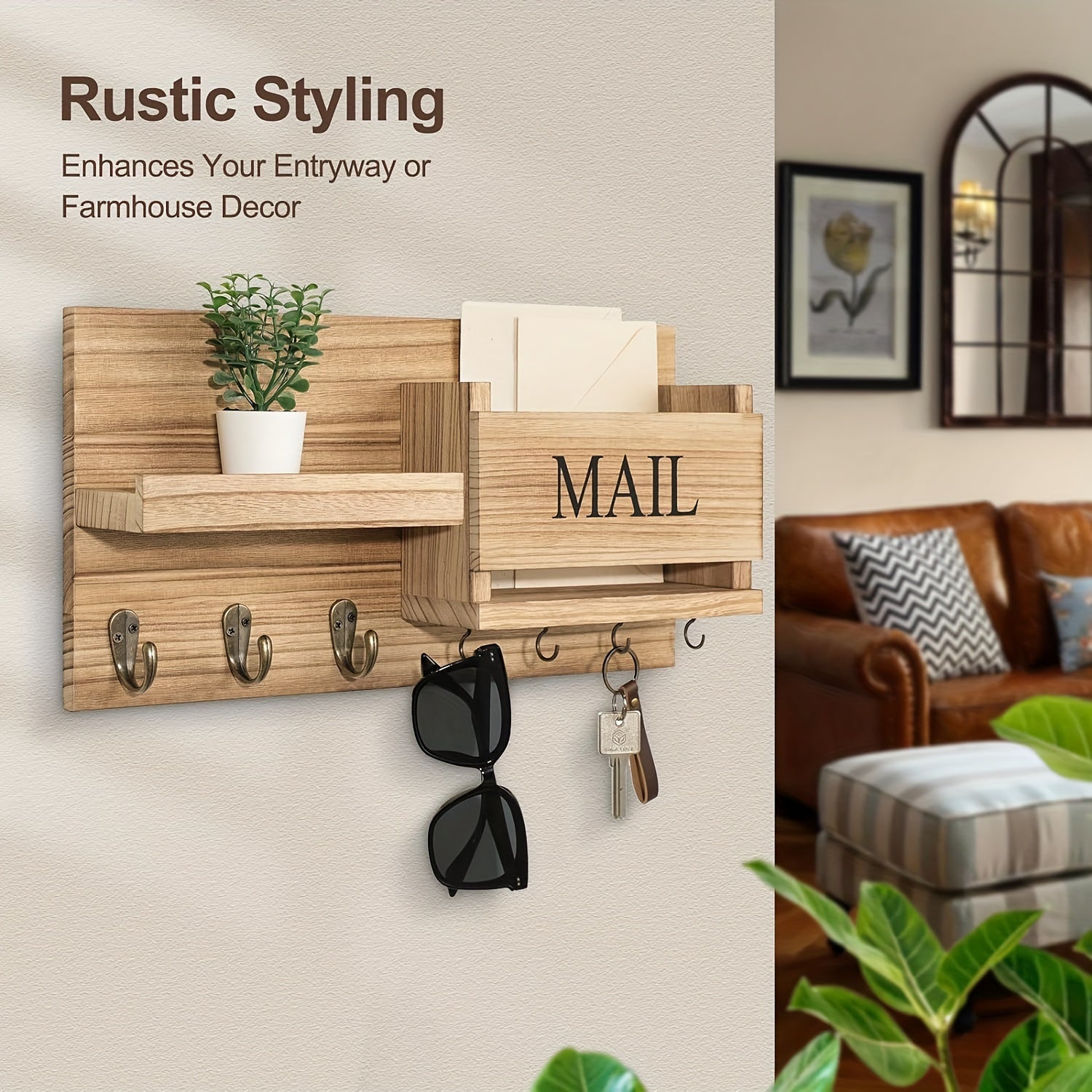 Rustic Wooden Wall-Mounted Storage Shelf with Key Holder & Mail Organizer - Farmhouse Decor for Entryway, Bedroom, Bathroom, and Living Room, Floating Rack with Hooks for Keys, Mail, and Accessories, Room Decor Shelf, Floating Shelves