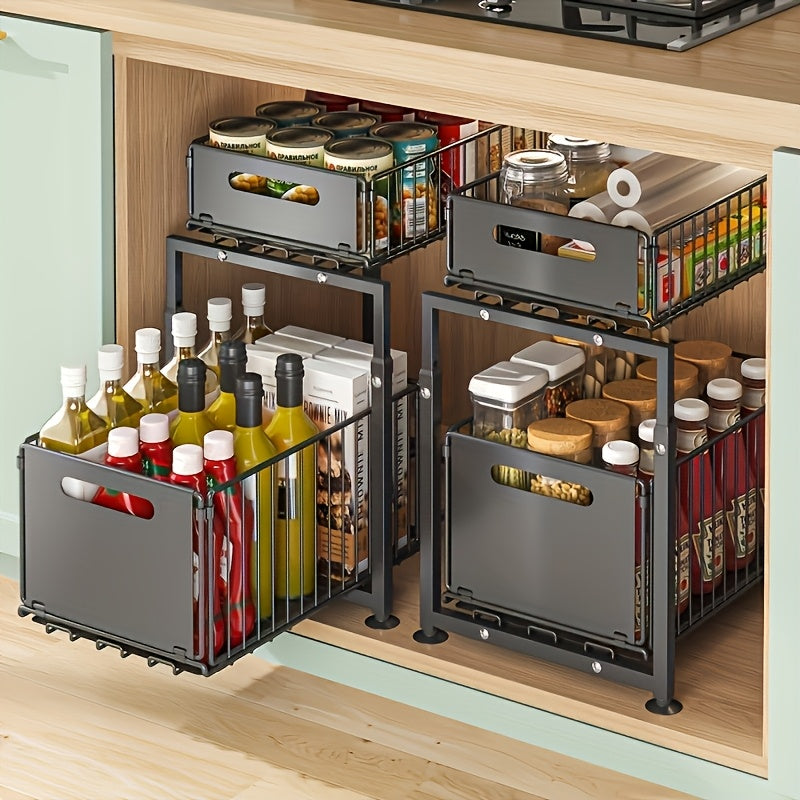 2-Tier Slide-Out Under Sink Organizer - Heavy-Duty Carbon Steel Kitchen & Bathroom Storage Shelf with Adjustable Shelves, Hooks & Sliding Drawers - Space-Saving Cabinet Organizer for Utensils, Spices, Cleaning Supplies - Easy Installation