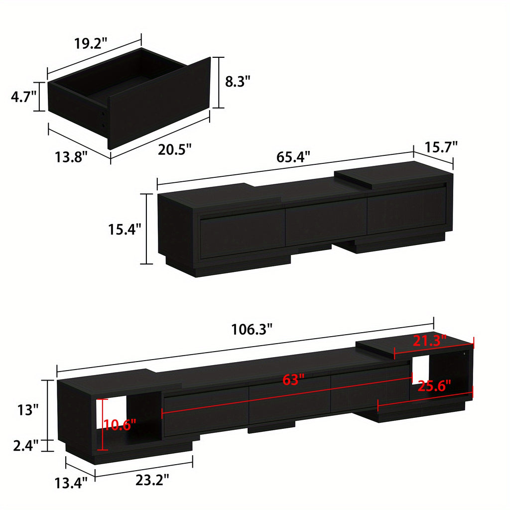 Contemporary Television Unit Featuring Three Drawers, a Versatile And Extendable Design Suitable for Televisions Measuring Up to 120 Inches, a Wooden Gaming And Entertainment Center with Adjustable Width