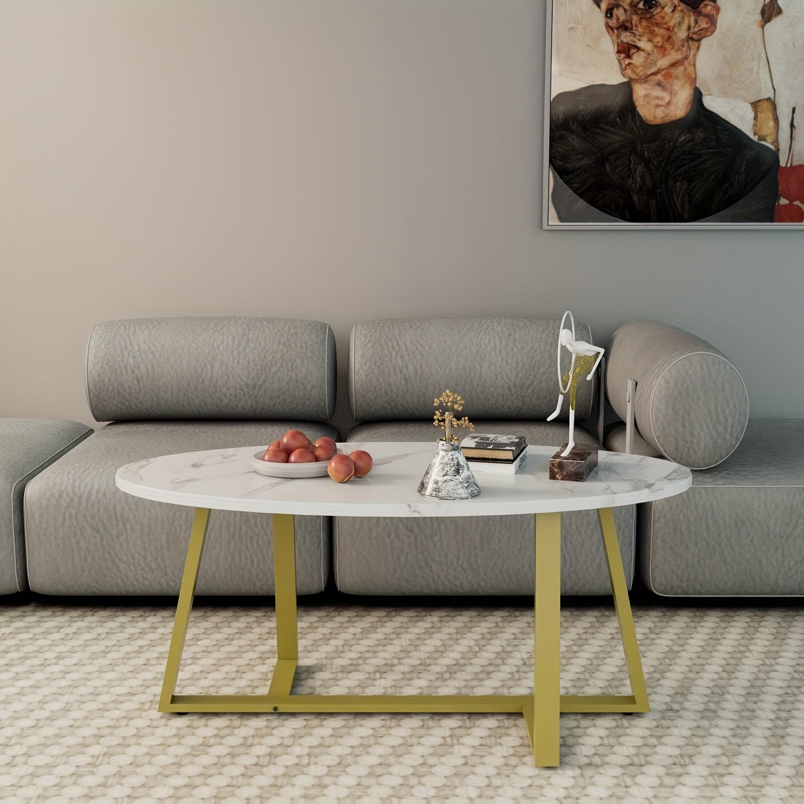 White Faux Marble Table Oval Coffee Table, White Faux Marble Living Room Table, Modern Small Space Center Coffee Table With Sturdy Metal Legs, Metal Frame, Easy To Assemble, Versatile Home Or Office Furniture For Living Room