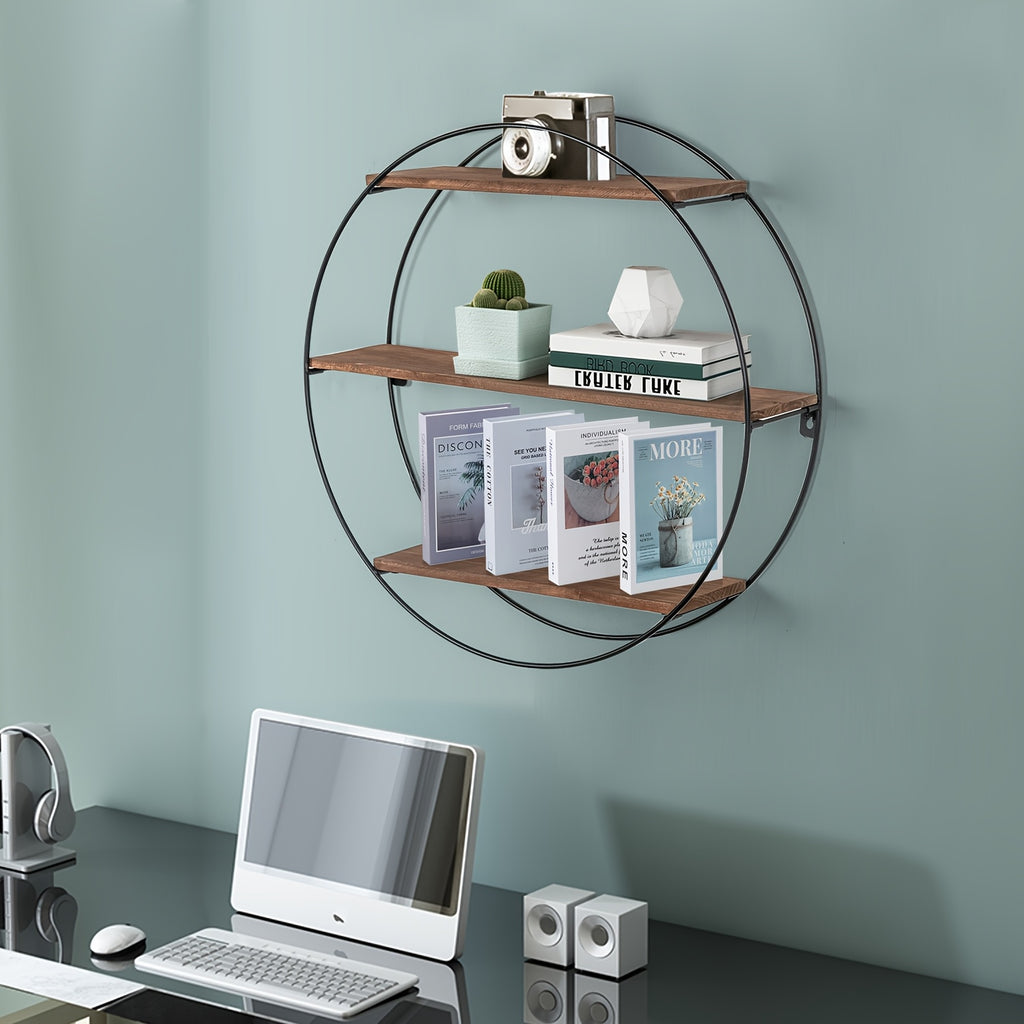 Round Floating 3-Tier Wall Shelf - Sturdy Wood And Metal Decorative Shelf for Living Room, Bedroom, Bathroom, Kitchen, Office, Halloween Decoration, Floating Shelves