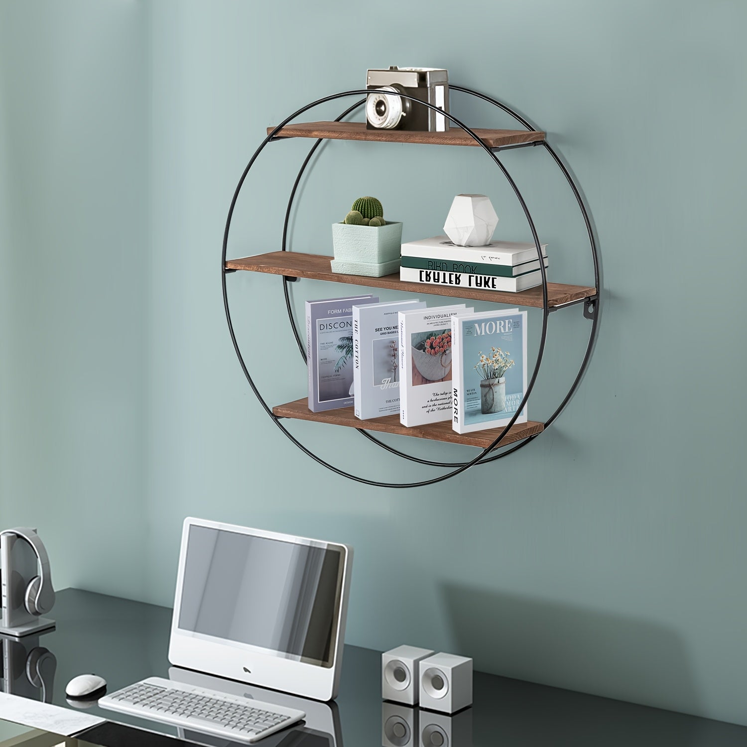 Round Floating 3-Tier Wall Shelf - Sturdy Wood And Metal Decorative Shelf for Living Room, Bedroom, Bathroom, Kitchen, Office, Halloween Decoration, Floating Shelves