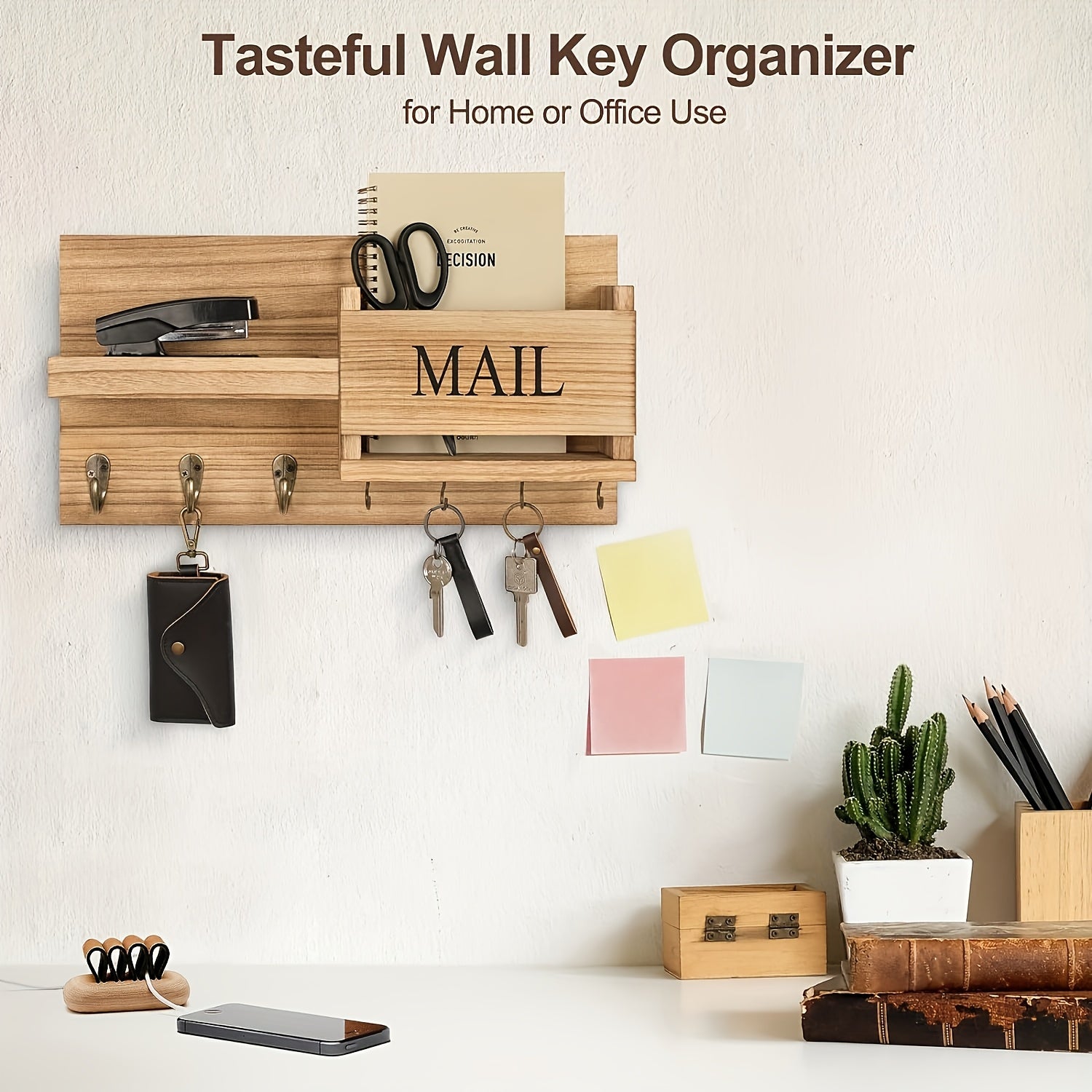 Rustic Wooden Wall-Mounted Storage Shelf with Key Holder & Mail Organizer - Farmhouse Decor for Entryway, Bedroom, Bathroom, and Living Room, Floating Rack with Hooks for Keys, Mail, and Accessories, Room Decor Shelf, Floating Shelves