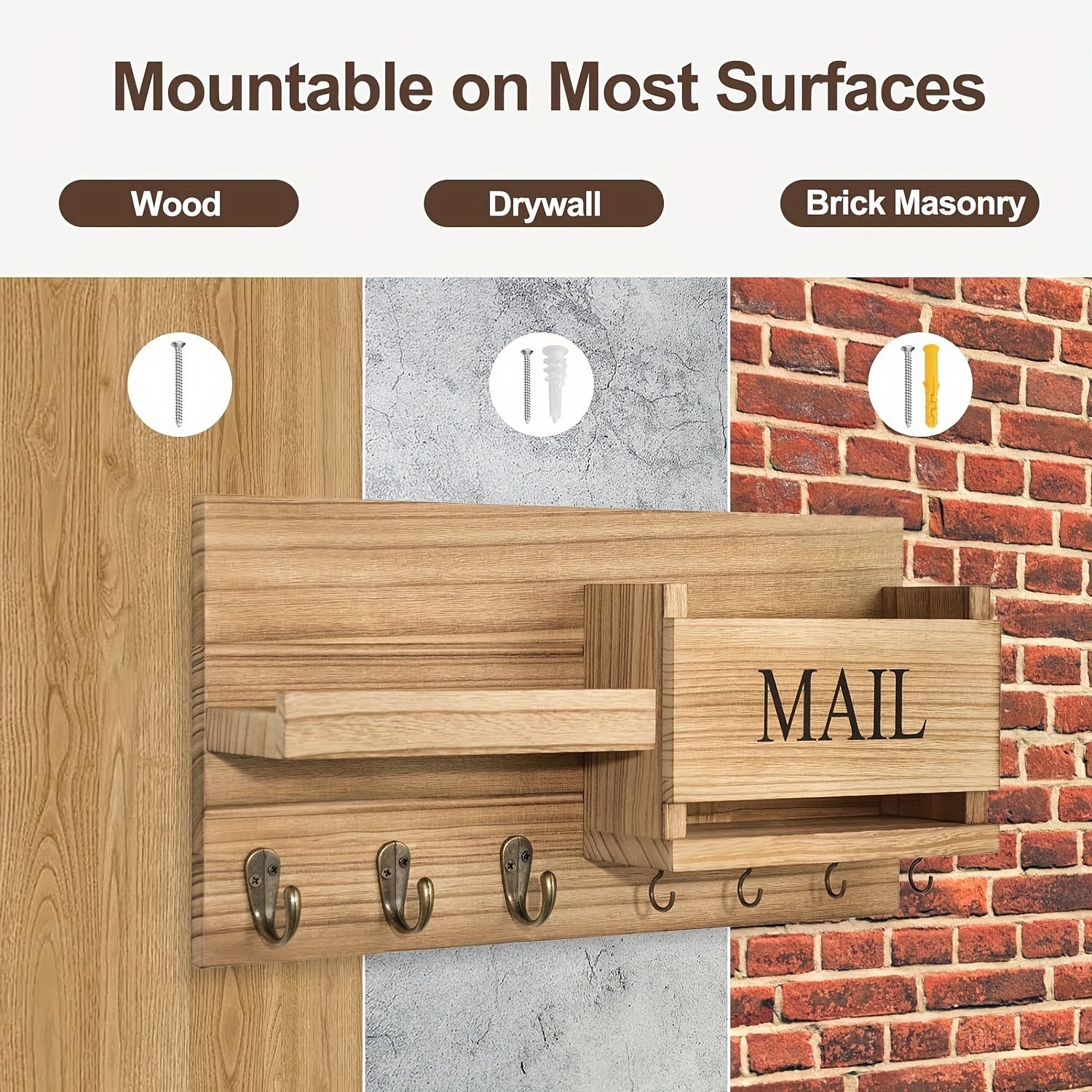 Rustic Wooden Wall-Mounted Storage Shelf with Key Holder & Mail Organizer - Farmhouse Decor for Entryway, Bedroom, Bathroom, and Living Room, Floating Rack with Hooks for Keys, Mail, and Accessories, Room Decor Shelf, Floating Shelves