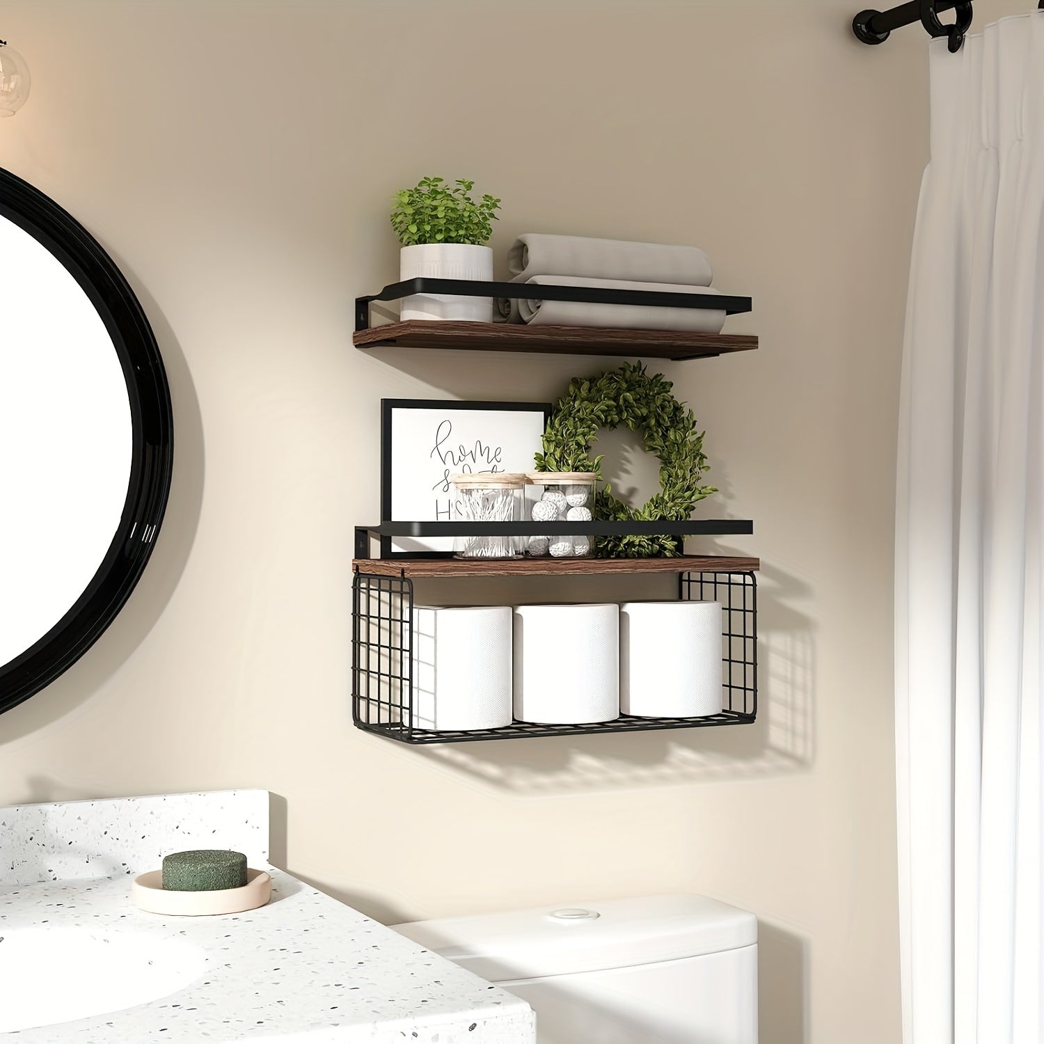 4 Iron Wrought Wooden Suspended Shelves, Hard Wood, Iron Frame Fence, Firm And Convenient, Suitable For Vases, Flower POTS, Books, Incense, Candles, Cups, Snacks And Other Sundry Storage, Valentine'S Day\u002FNew Year Decorater, Floating Shelves