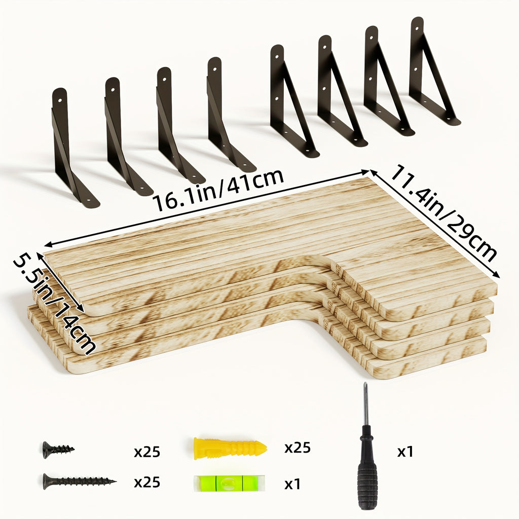 4pcs Rustic Wood Floating Shelves Wall Mounted - Wood Grain Heavy-Duty Wood Planks Suitable for Home Decor, Bathroom, Kitchen, Bedroom, Living Room, Office - Assembly, Display & Storage Shelves, Floating Shelves