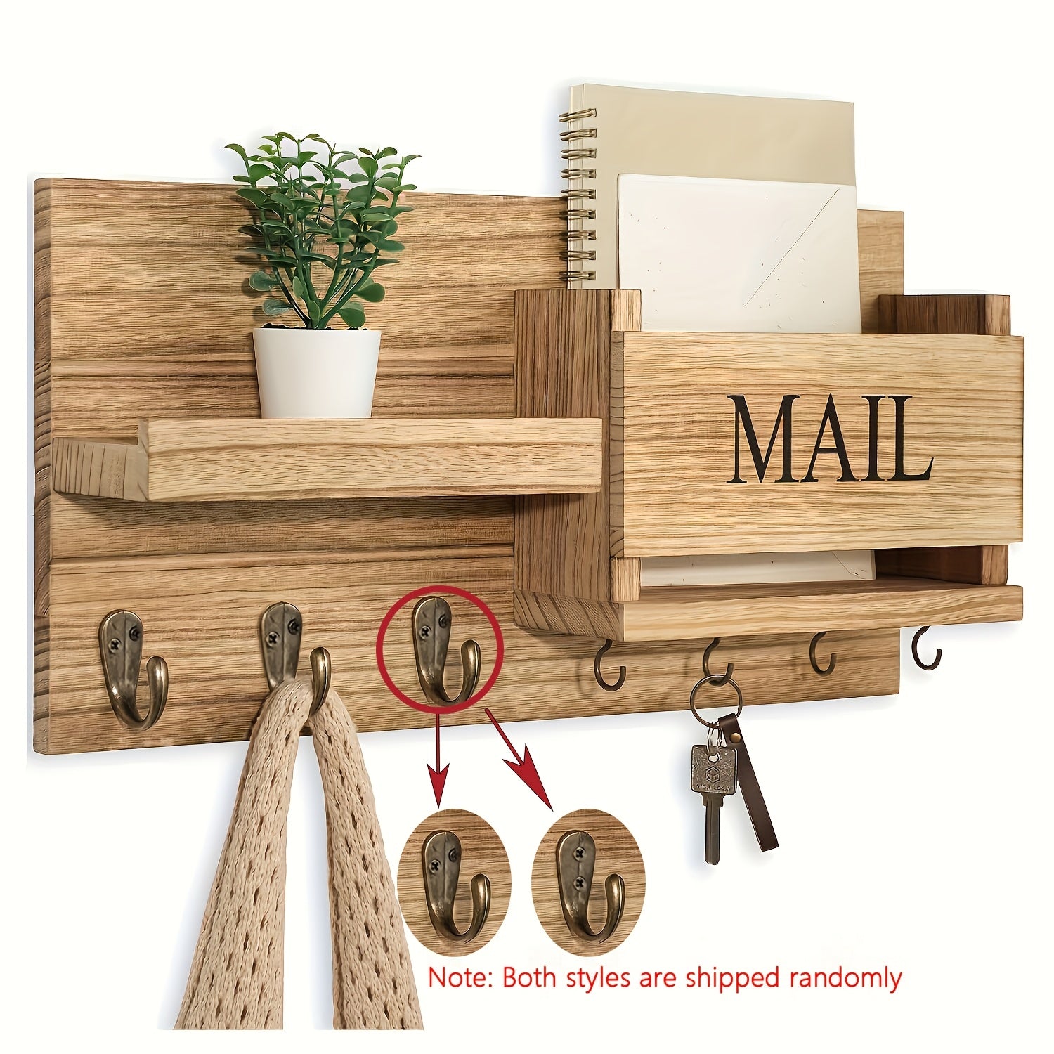 Rustic Wooden Wall-Mounted Storage Shelf with Key Holder & Mail Organizer - Farmhouse Decor for Entryway, Bedroom, Bathroom, and Living Room, Floating Rack with Hooks for Keys, Mail, and Accessories, Room Decor Shelf, Floating Shelves