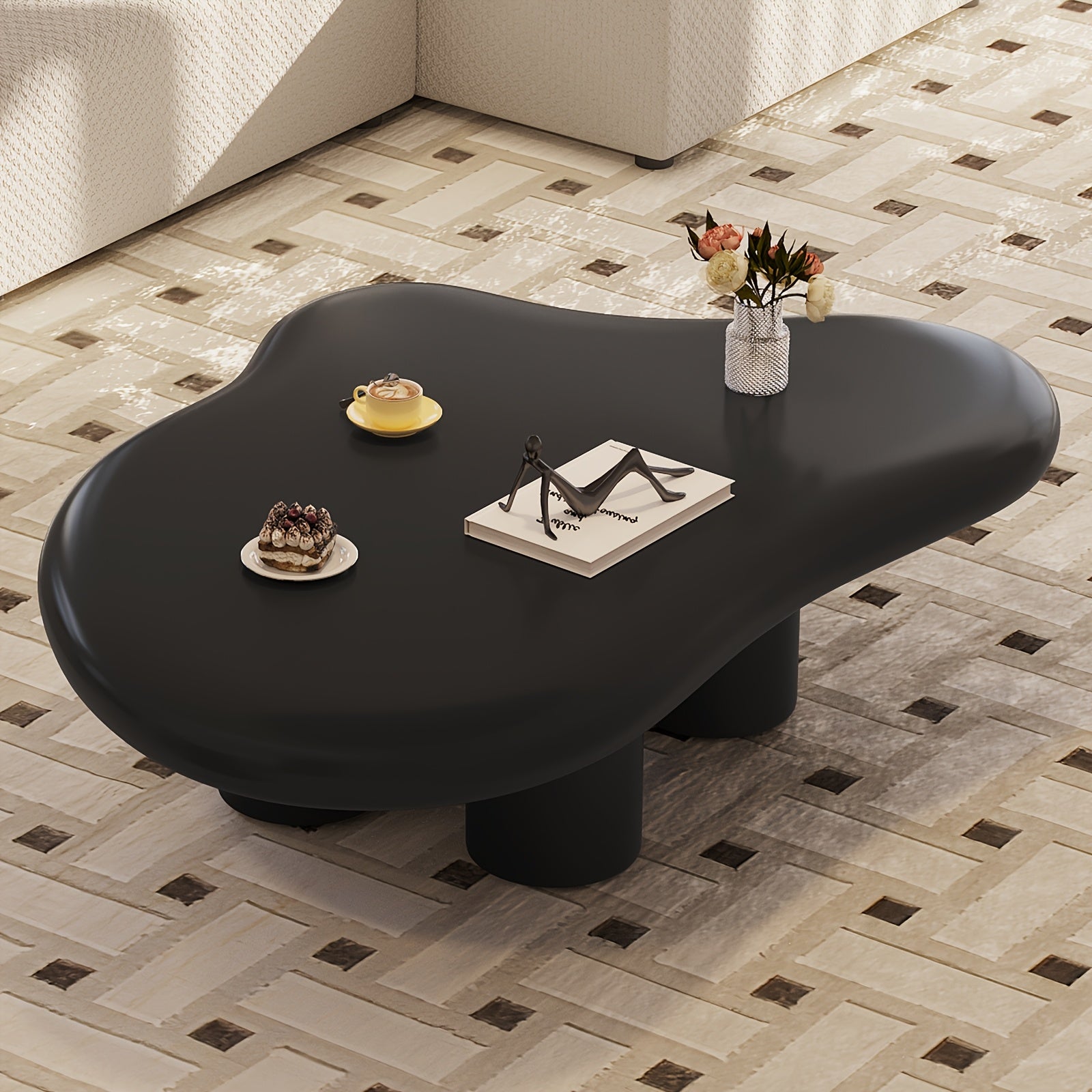 Modern White Cloud Tea Table - Unique Irregular Shape, 4-Leg Design for Living Room or Coffee Area, 35.82 Inches, Minimalist Style with Rounded Edges and Sleek Finish APPLE