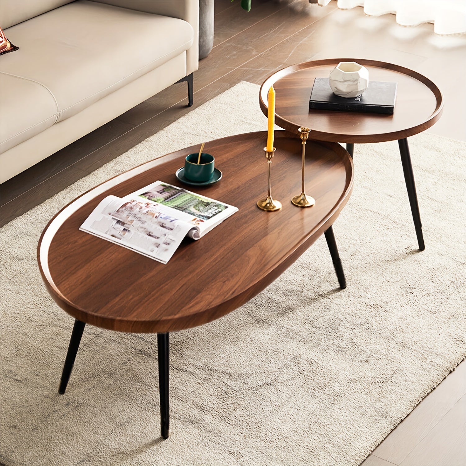 AESOME Nesting Coffee Table Nightstand Et Of 2 Round Oval Small Space Sofa Side Table Nordic Light Living Room Home Combination Small Table Easy Assembly