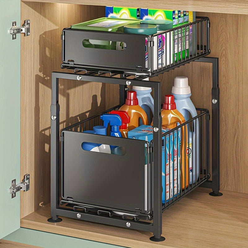 2-Tier Slide-Out Under Sink Organizer - Heavy-Duty Carbon Steel Kitchen & Bathroom Storage Shelf with Adjustable Shelves, Hooks & Sliding Drawers - Space-Saving Cabinet Organizer for Utensils, Spices, Cleaning Supplies - Easy Installation