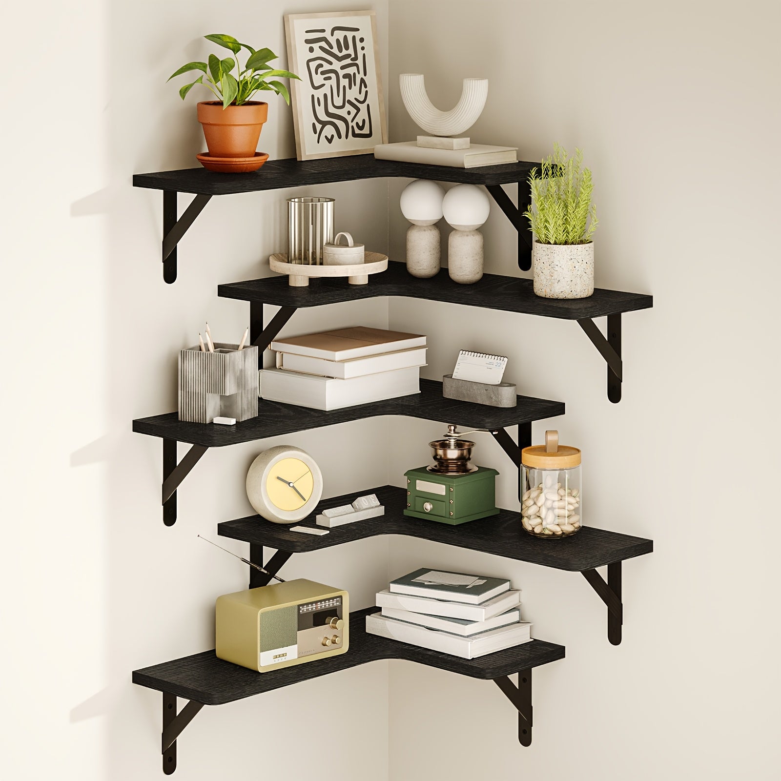 TOMNK Corner Floating Shelves, Rustic Wood Wall Shelves Heavy Duty, Easy To Install Space Saving, For Room Decor Bathroom Storage And Accessories Kitchen Bedroom Or Living Room, 5\u002F6 Pcs, Muti Colours, For Halloween And Christmas