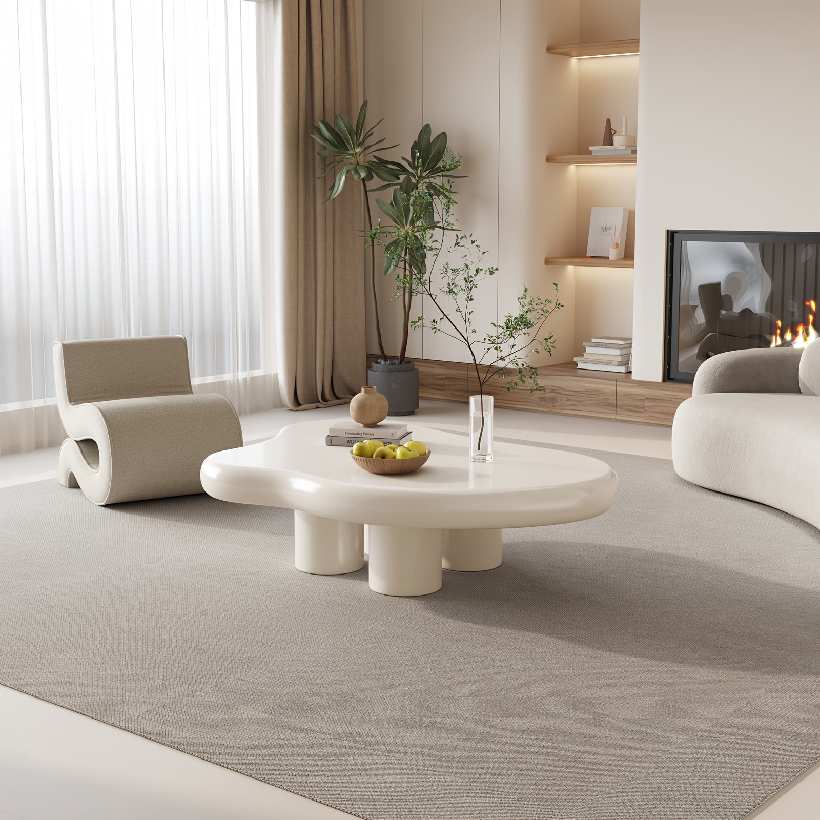 Modern White Cloud Tea Table - Unique Irregular Shape, 4-Leg Design for Living Room or Coffee Area, 35.82 Inches, Minimalist Style with Rounded Edges and Sleek Finish APPLE