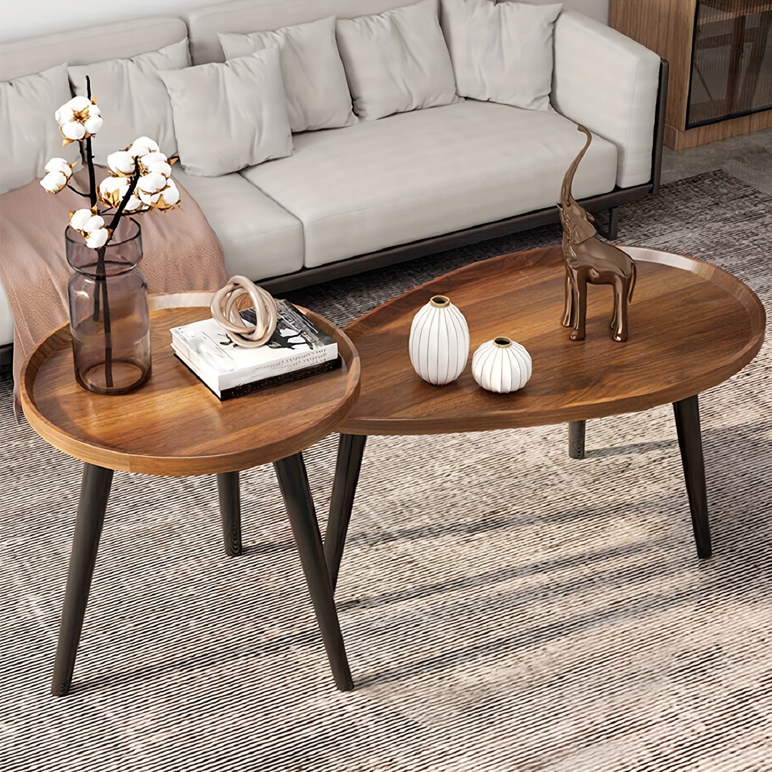 AESOME Nesting Coffee Table Nightstand Et Of 2 Round Oval Small Space Sofa Side Table Nordic Light Living Room Home Combination Small Table Easy Assembly