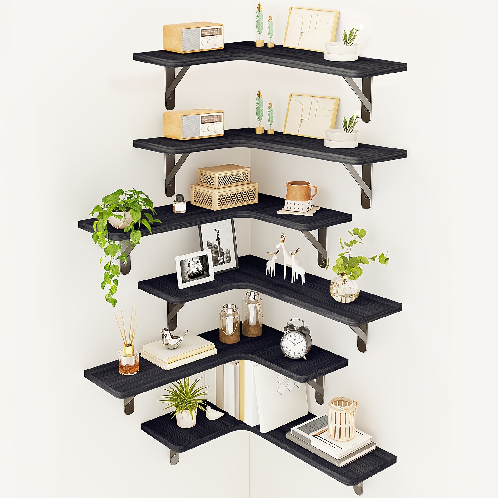 TOMNK Corner Floating Shelves, Rustic Wood Wall Shelves Heavy Duty, Easy To Install Space Saving, For Room Decor Bathroom Storage And Accessories Kitchen Bedroom Or Living Room, 5\u002F6 Pcs, Muti Colours, For Halloween And Christmas