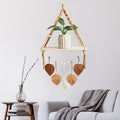 Macrame Wall Hanging Shelf, Boho Wall Plant Hanger Shelves With Handmade Woven Leaves, Wood Floating Shelf For Bedroom Living Room Apartment Home Decor