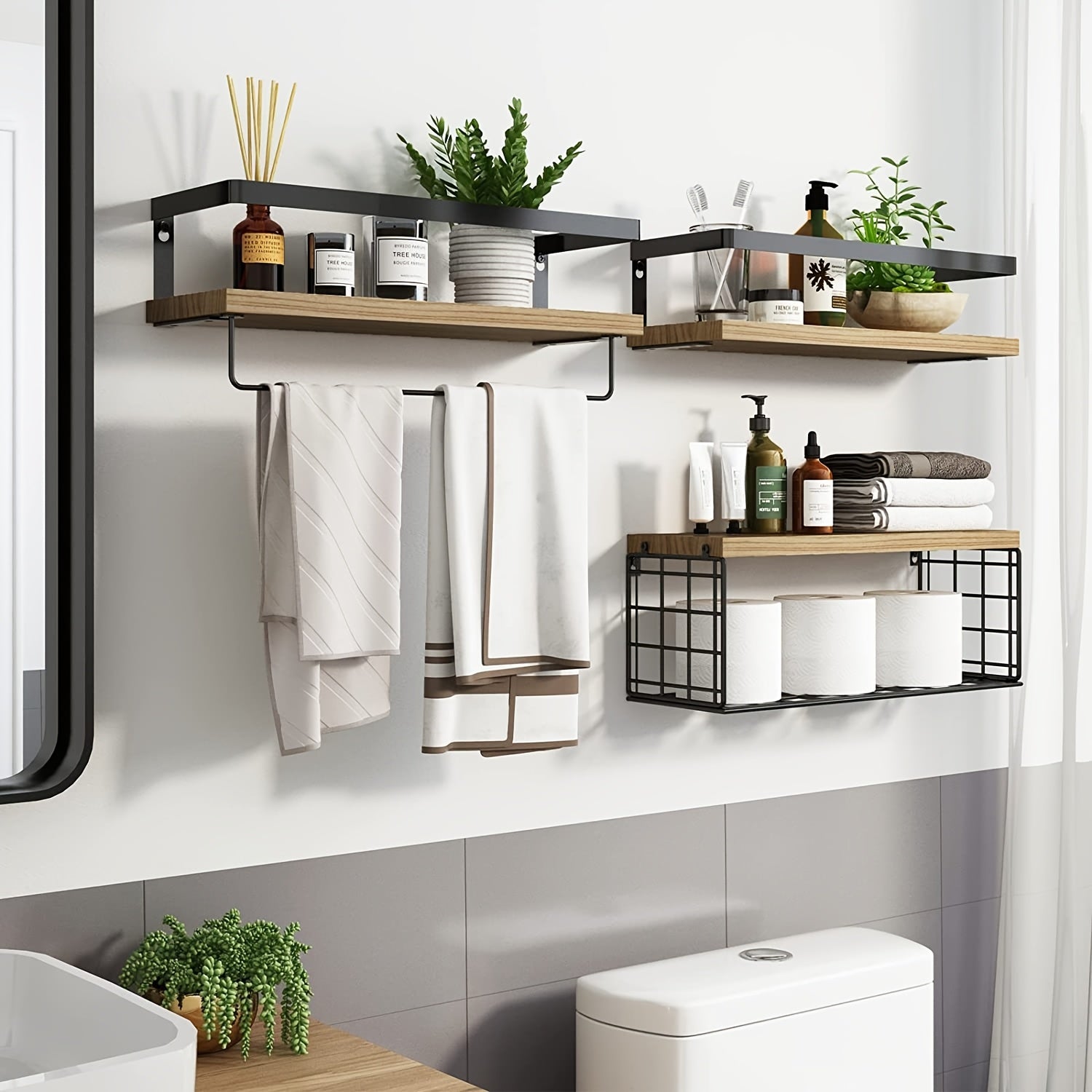 4 Iron Wrought Wooden Suspended Shelves, Hard Wood, Iron Frame Fence, Firm And Convenient, Suitable For Vases, Flower POTS, Books, Incense, Candles, Cups, Snacks And Other Sundry Storage, Valentine'S Day\u002FNew Year Decorater, Floating Shelves