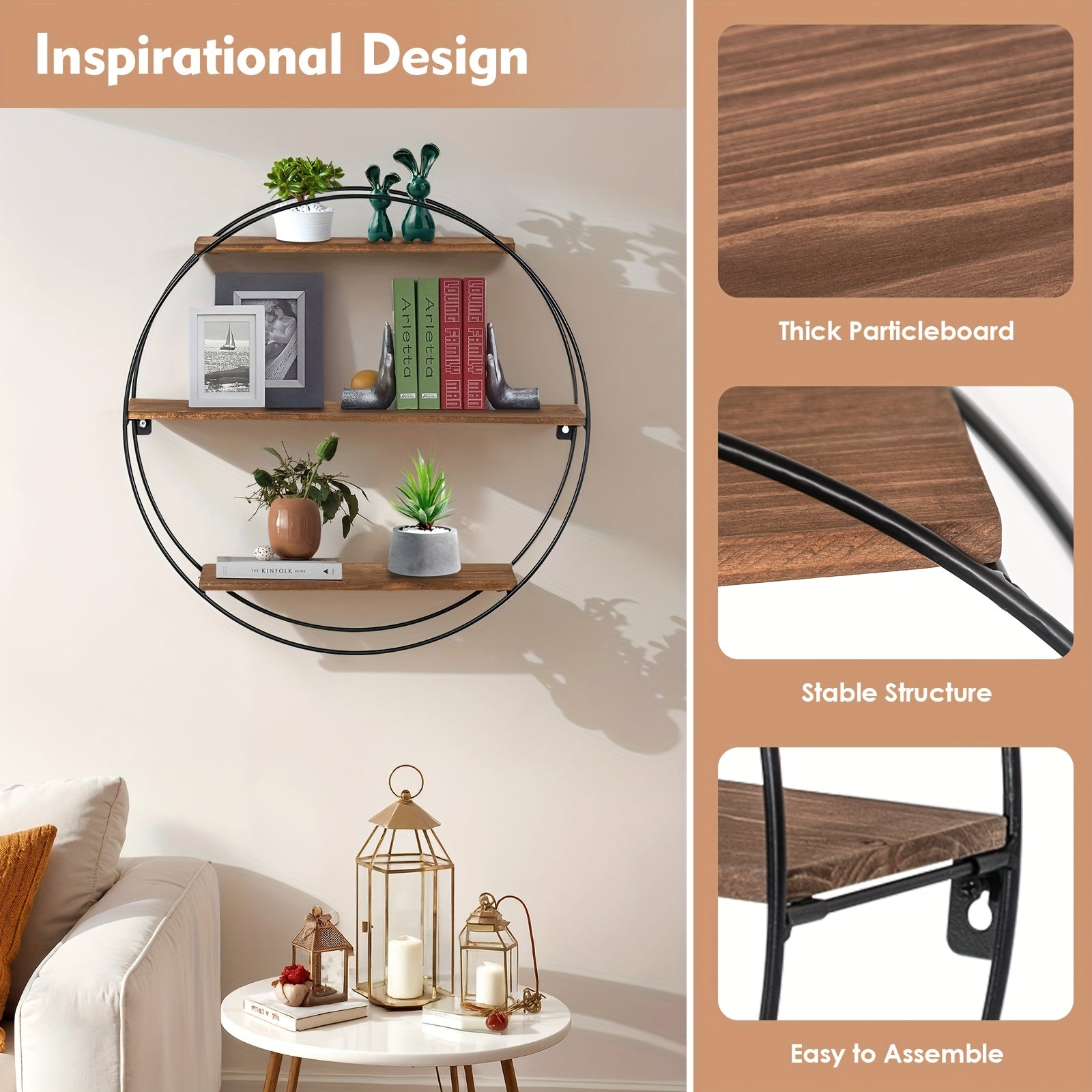 Round Floating 3-Tier Wall Shelf - Sturdy Wood And Metal Decorative Shelf for Living Room, Bedroom, Bathroom, Kitchen, Office, Halloween Decoration, Floating Shelves