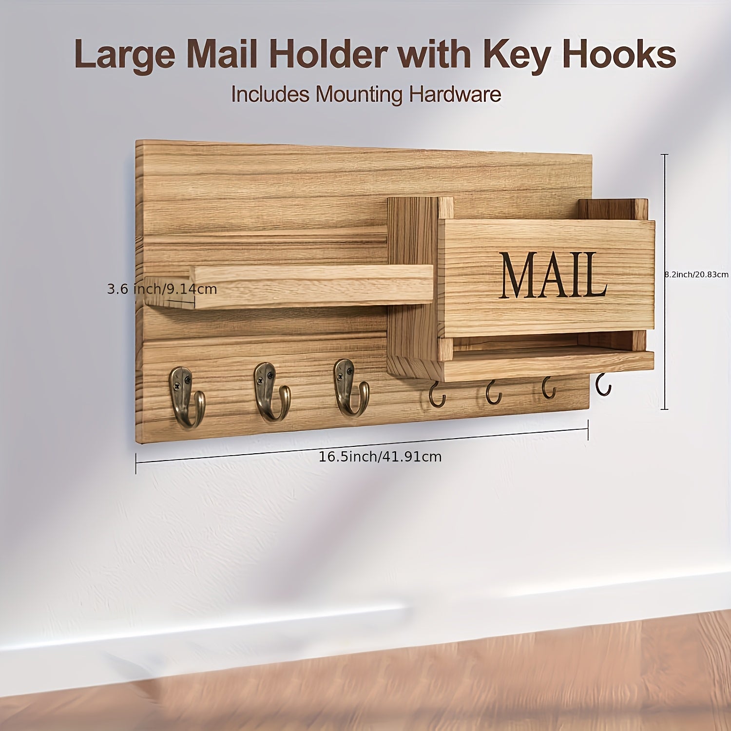 Rustic Wooden Wall-Mounted Storage Shelf with Key Holder & Mail Organizer - Farmhouse Decor for Entryway, Bedroom, Bathroom, and Living Room, Floating Rack with Hooks for Keys, Mail, and Accessories, Room Decor Shelf, Floating Shelves