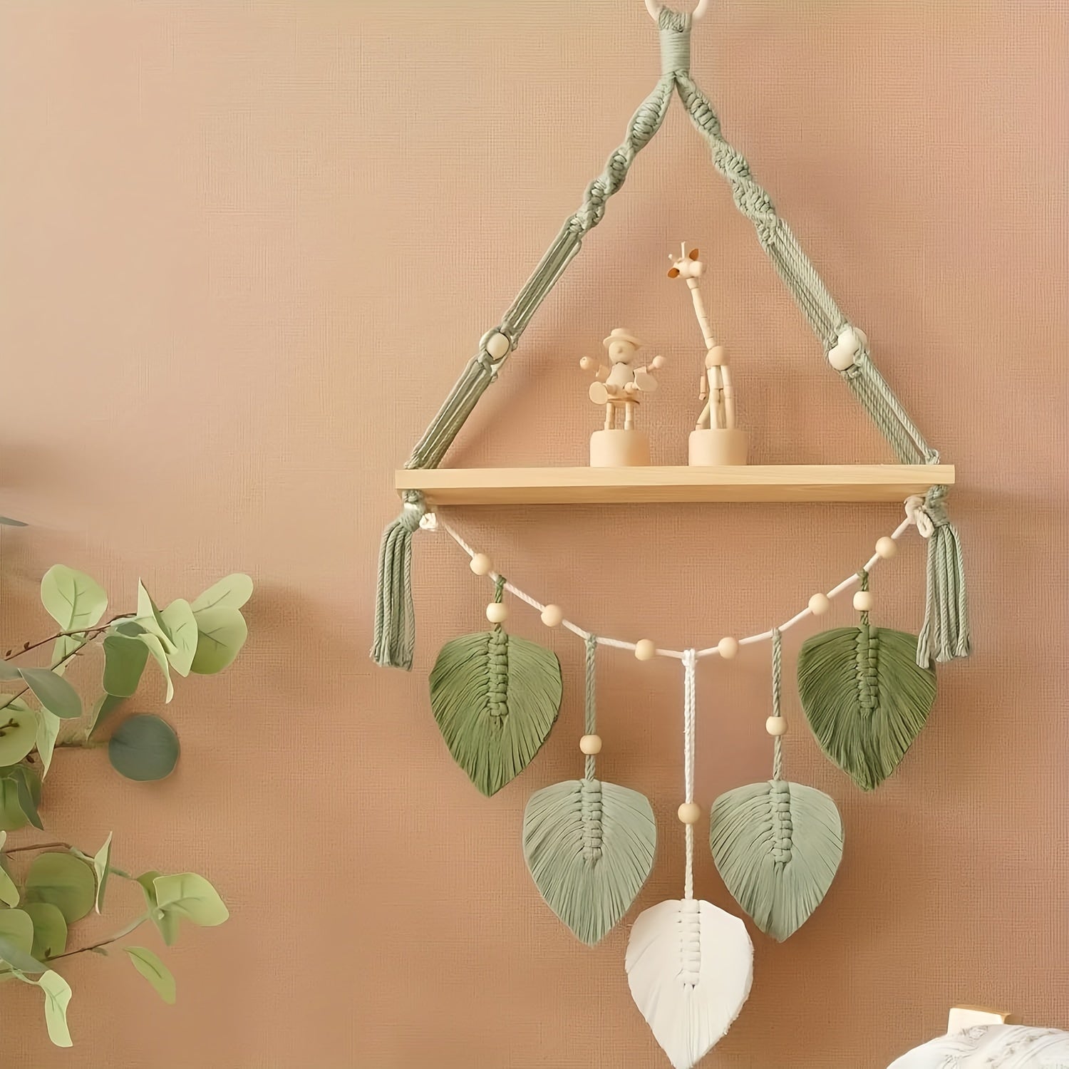 Macrame Wall Hanging Shelf, Boho Wall Plant Hanger Shelves With Handmade Woven Leaves, Wood Floating Shelf For Bedroom Living Room Apartment Home Decor