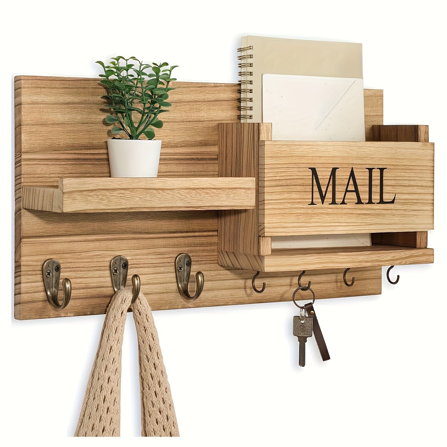 Rustic Wooden Wall-Mounted Storage Shelf with Key Holder & Mail Organizer - Farmhouse Decor for Entryway, Bedroom, Bathroom, and Living Room, Floating Rack with Hooks for Keys, Mail, and Accessories, Room Decor Shelf, Floating Shelves