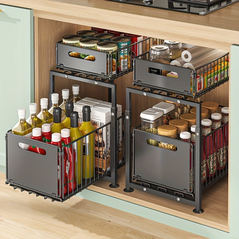 2-Tier Slide-Out Under Sink Organizer - Heavy-Duty Carbon Steel Kitchen & Bathroom Storage Shelf with Adjustable Shelves, Hooks & Sliding Drawers - Space-Saving Cabinet Organizer for Utensils, Spices, Cleaning Supplies - Easy Installation