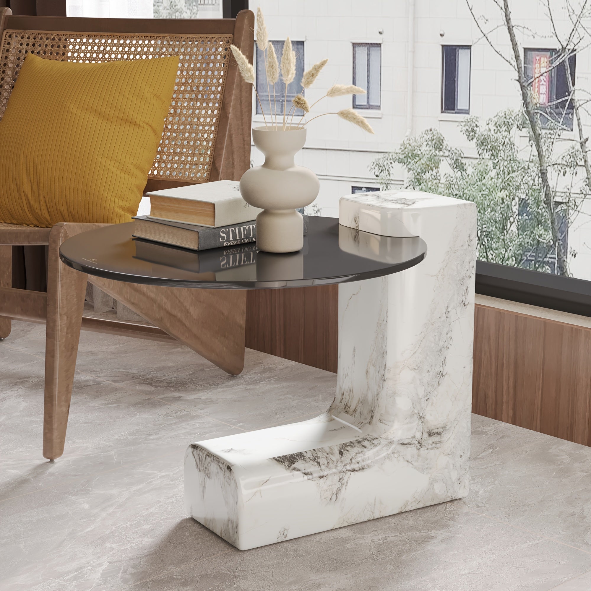 Contemporary Round Nesting Coffee Table Collection (Set of 2) - Distinctive Design - Circular Coffee Table for Living Spaces - Marble-Like Textured Top - C-Shaped Edge Table - Ideal for Living Rooms, Flats, And Bedrooms - Nesting Tables