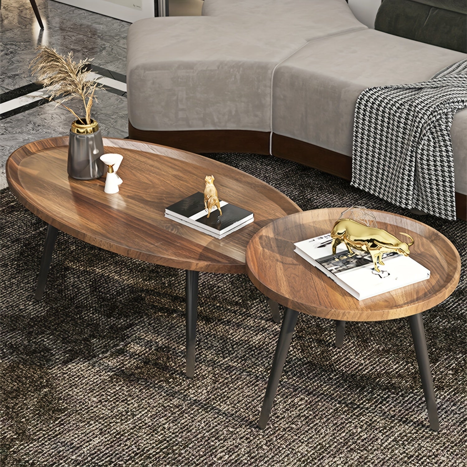 AESOME Nesting Coffee Table Nightstand Et Of 2 Round Oval Small Space Sofa Side Table Nordic Light Living Room Home Combination Small Table Easy Assembly
