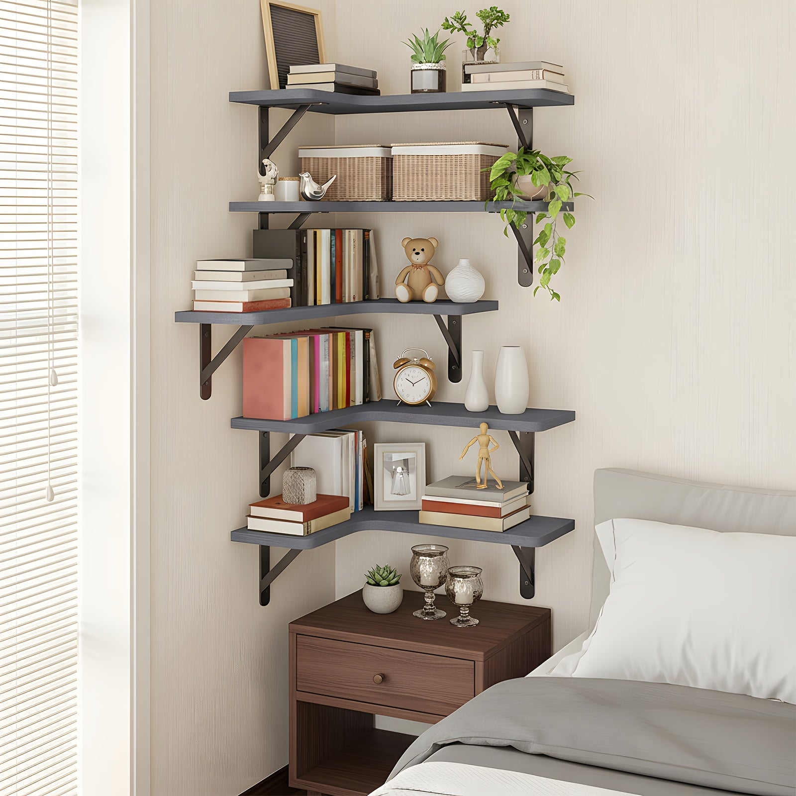 TOMNK Corner Floating Shelves, Rustic Wood Wall Shelves Heavy Duty, Easy To Install Space Saving, For Room Decor Bathroom Storage And Accessories Kitchen Bedroom Or Living Room, 5\u002F6 Pcs, Muti Colours, For Halloween And Christmas