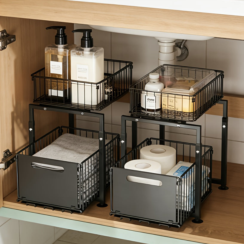 2-Tier Slide-Out Under Sink Organizer - Heavy-Duty Carbon Steel Kitchen & Bathroom Storage Shelf with Adjustable Shelves, Hooks & Sliding Drawers - Space-Saving Cabinet Organizer for Utensils, Spices, Cleaning Supplies - Easy Installation