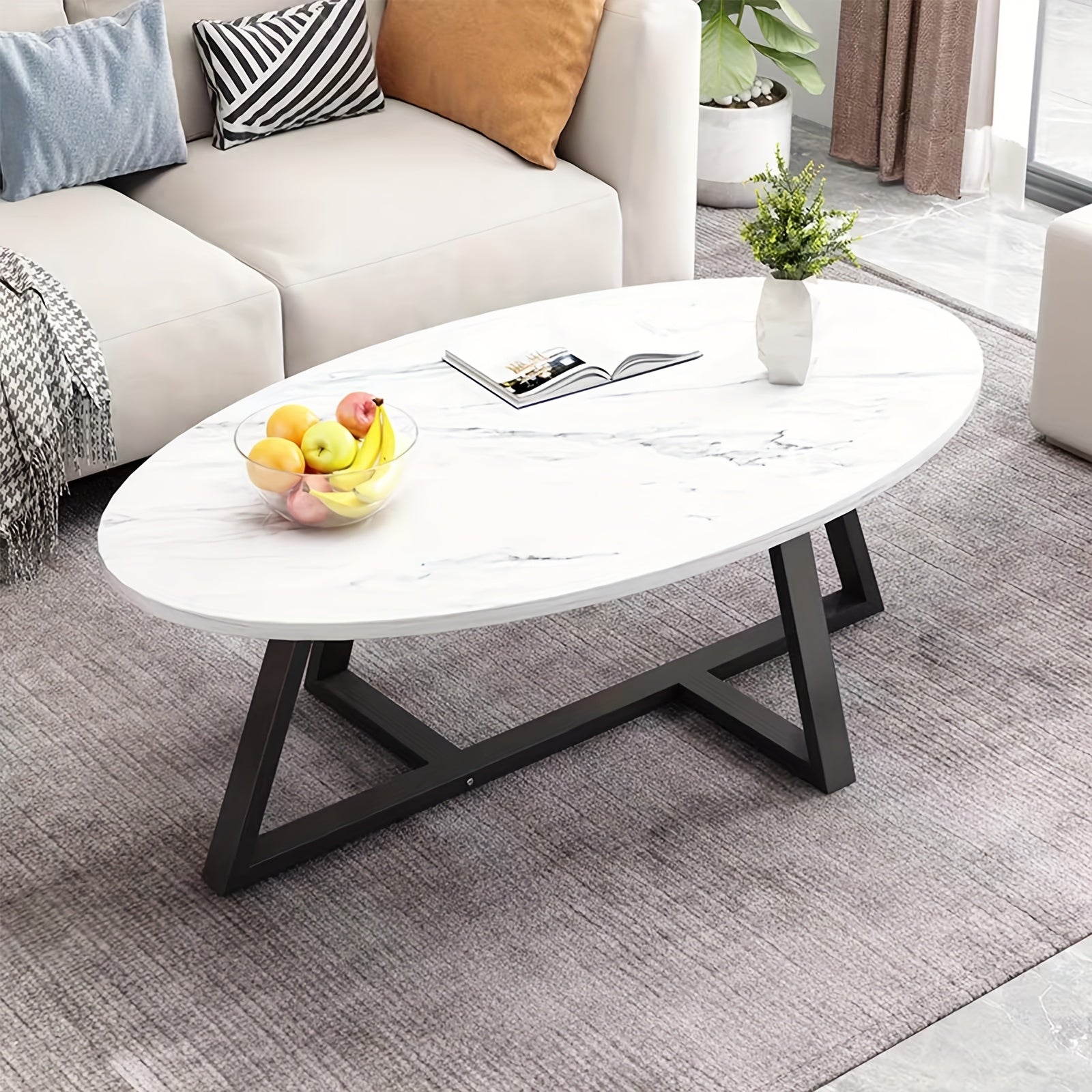 White Faux Marble Table Oval Coffee Table, White Faux Marble Living Room Table, Modern Small Space Center Coffee Table With Sturdy Metal Legs, Metal Frame, Easy To Assemble, Versatile Home Or Office Furniture For Living Room