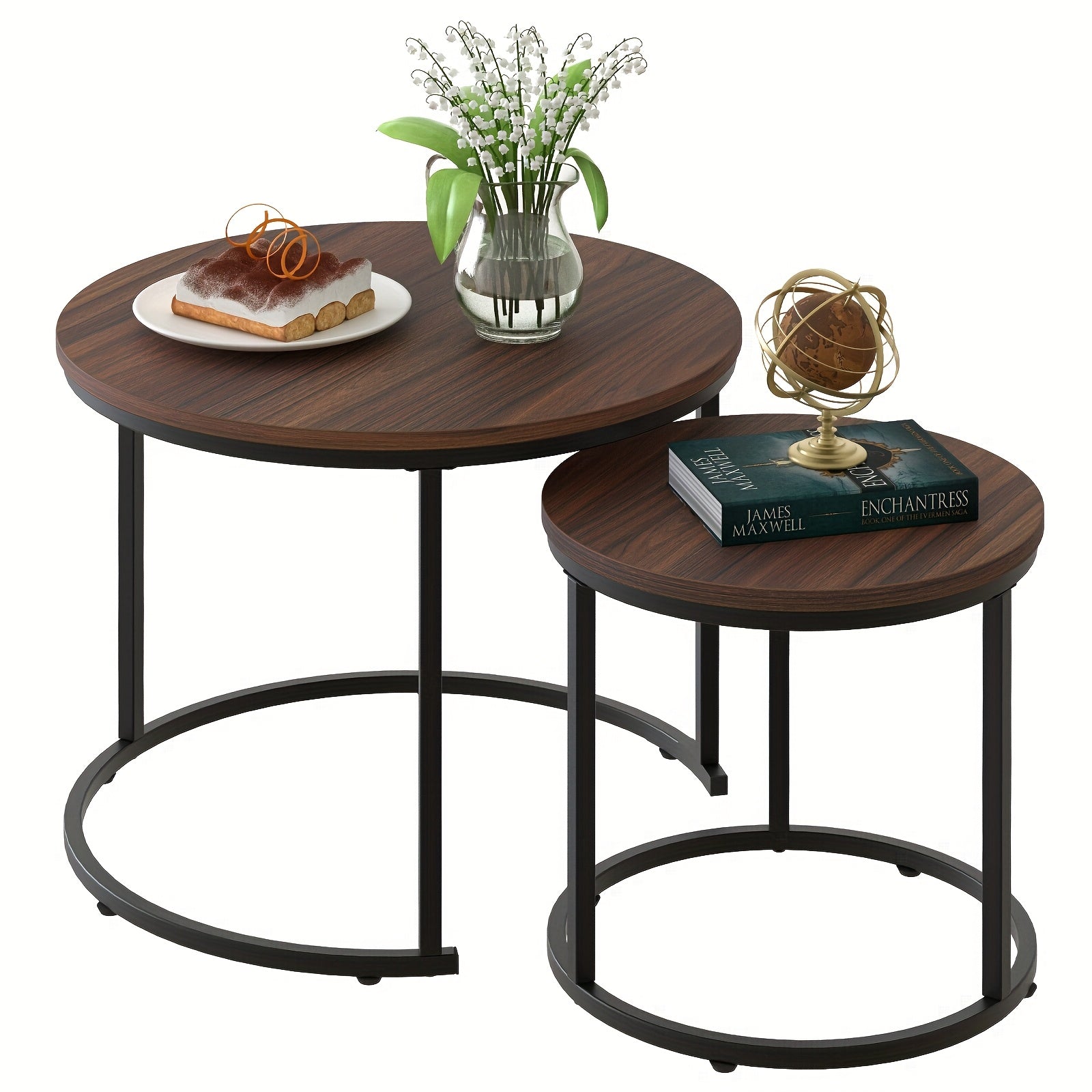 Set of Two Circular Nesting Tables Featuring a White Faux Marble Top And a Golden Frame, Perfect for Modern Living Rooms Or Bedrooms with an Industrial Touch