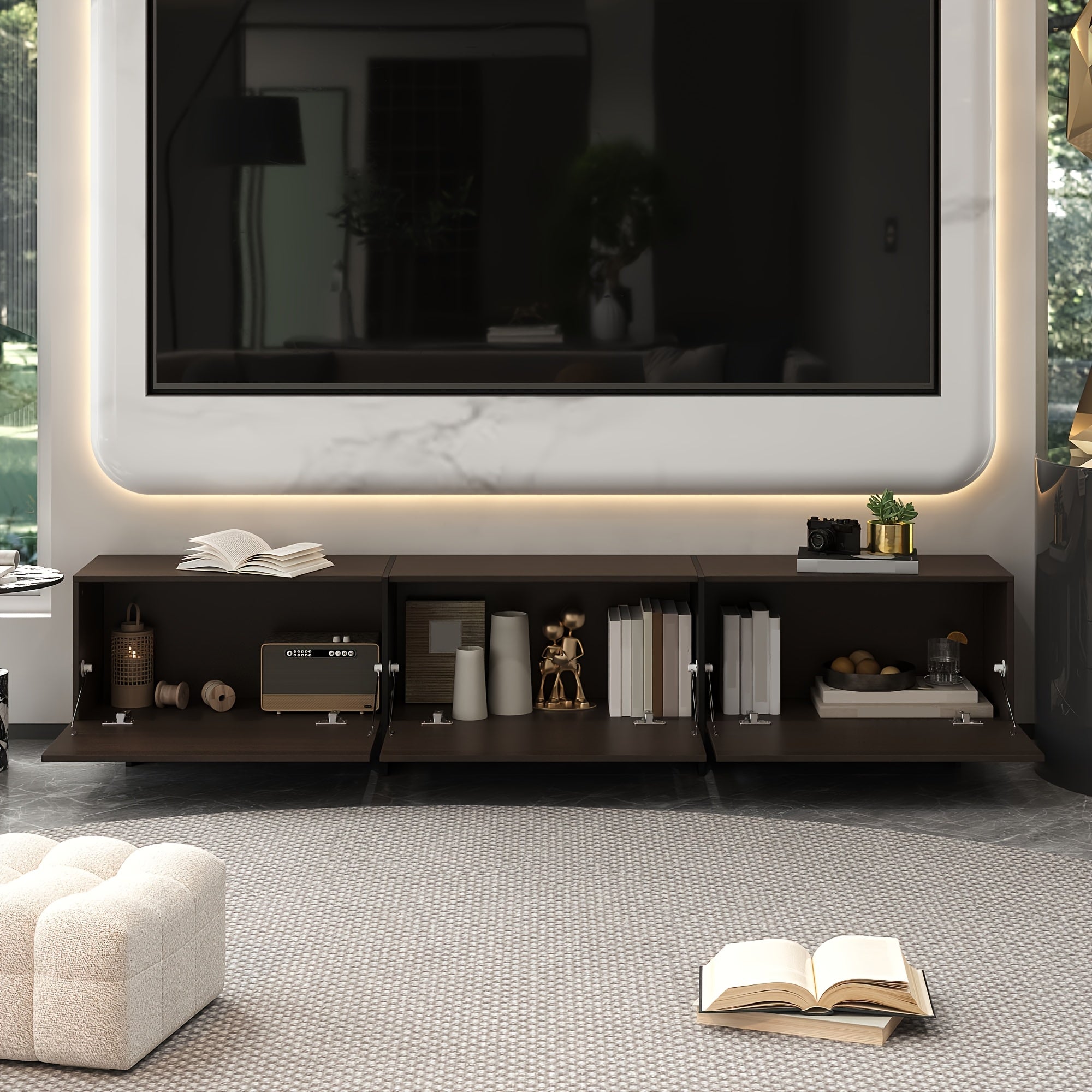 71.7'' Wide Home TV Stand for Up to 55'' to 65'' Tvs, with 3 Storage Cabinets & Flip-down Doors, Modern Media Console Entertainment Center for Living Room, Brown