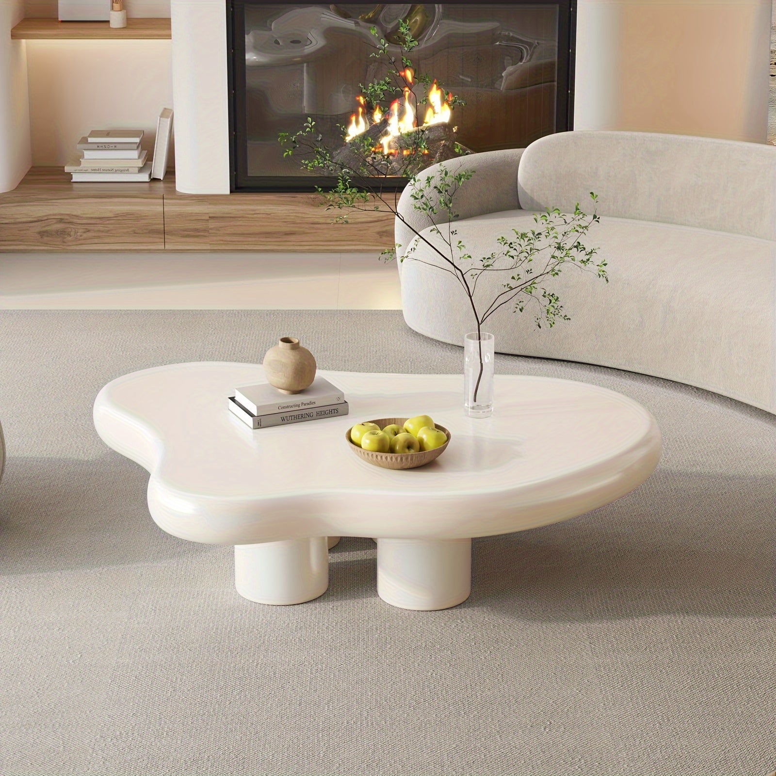 Modern White Cloud Tea Table - Unique Irregular Shape, 4-Leg Design for Living Room or Coffee Area, 35.82 Inches, Minimalist Style with Rounded Edges and Sleek Finish APPLE