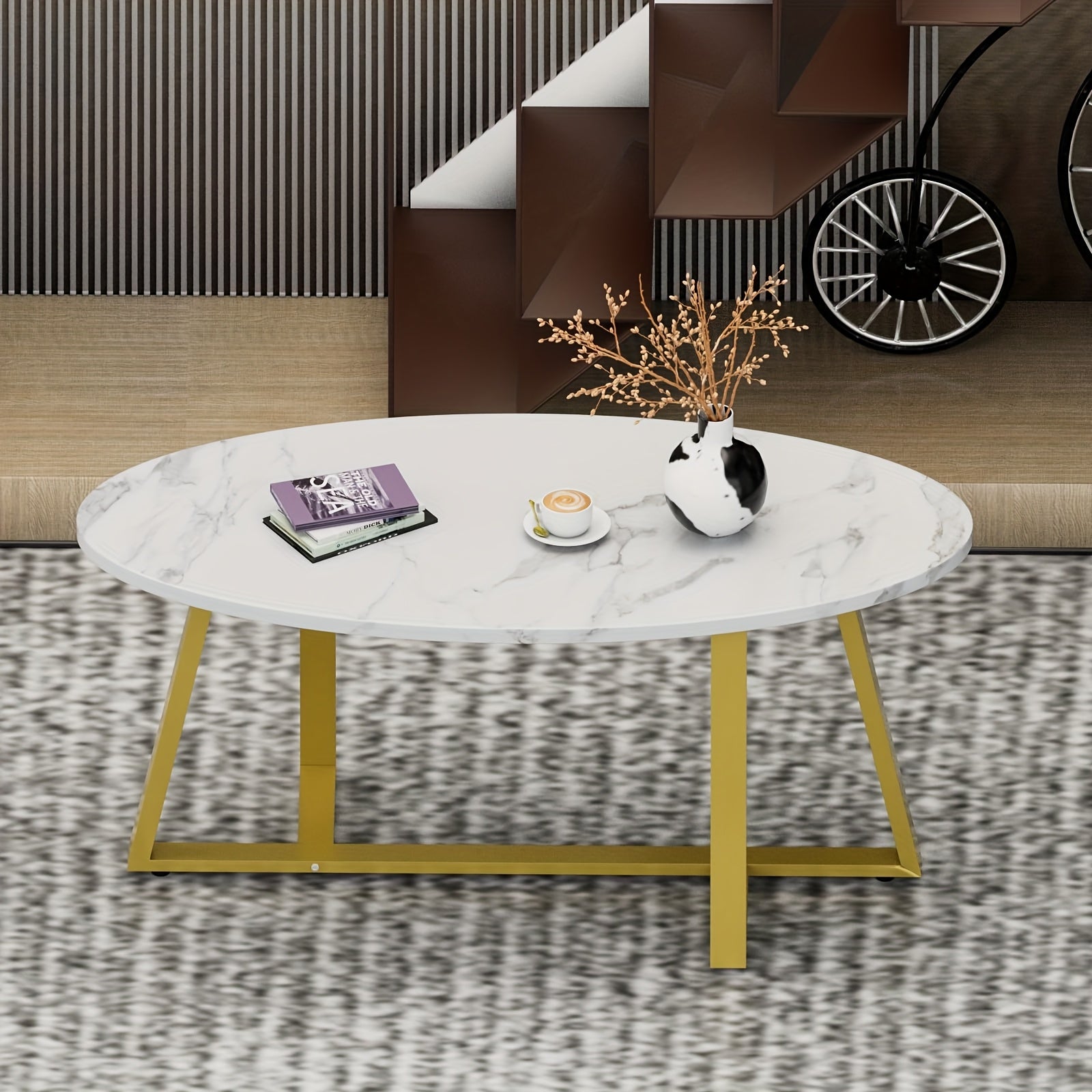 White Faux Marble Table Oval Coffee Table, White Faux Marble Living Room Table, Modern Small Space Center Coffee Table With Sturdy Metal Legs, Metal Frame, Easy To Assemble, Versatile Home Or Office Furniture For Living Room